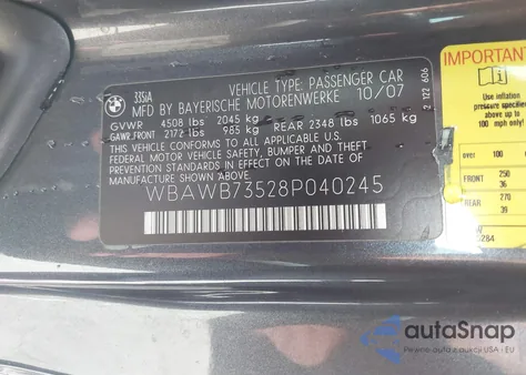 2008 BMW 335I z USA, uszkodzony, nr VIN WBAWB73528P040245